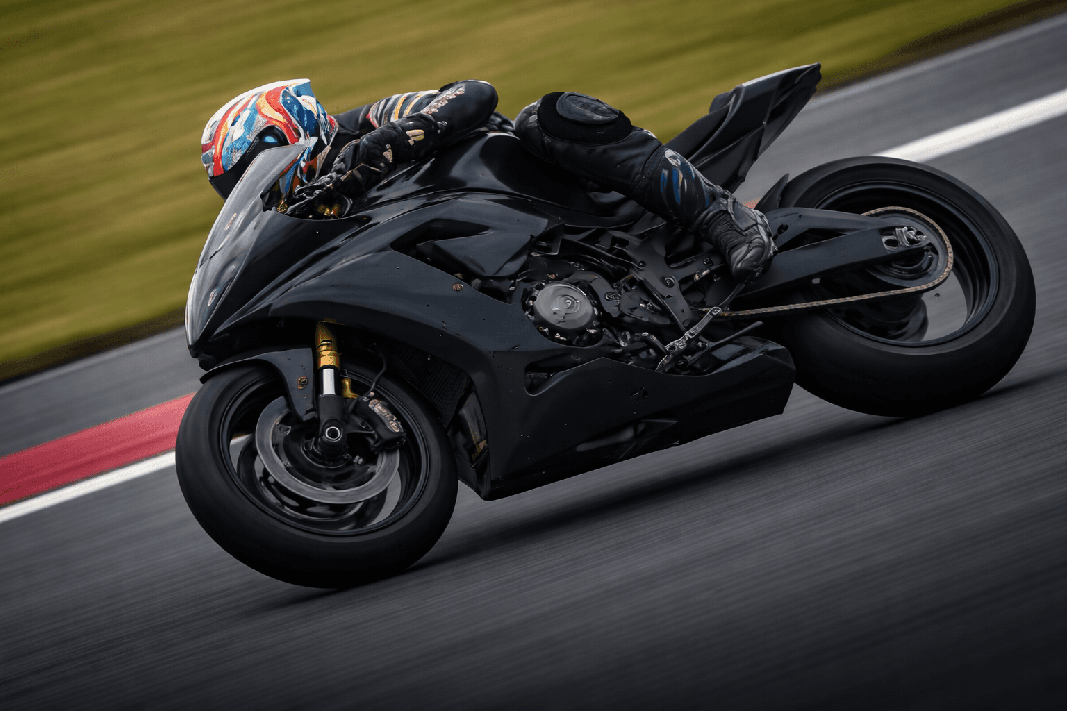 A racing sport motorcycle leaning aggressively through a corner on a race track, with the rider fully tucked in and the background blurred by speed.