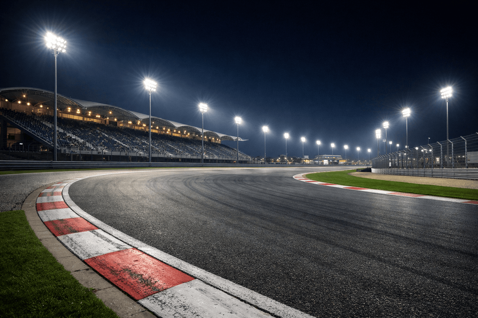 A night racing circuit illuminated by floodlights, featuring an empty corner with a red-and-white curb and grandstands in the background.