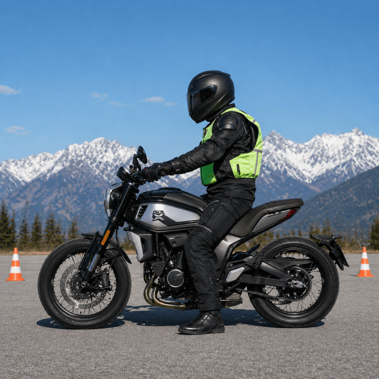 A fully equipped motorcyclist sitting sideways on a motorcycle with the Alps and training cones in the background.